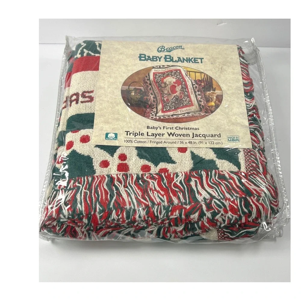 Beacon Baby Blanket 36x48 Red Green NEW First Christmas Woven Jacquard Throw